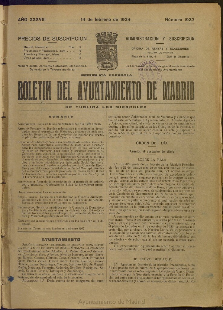 Miniatura de Boletín Oficial del Ayuntamiento de Madrid del 14 de febrero de 1934, nº 1937