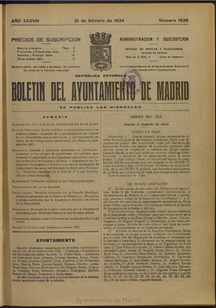 Miniatura de Boletín Oficial del Ayuntamiento de Madrid del 21 de febrero de 1934, nº 1938