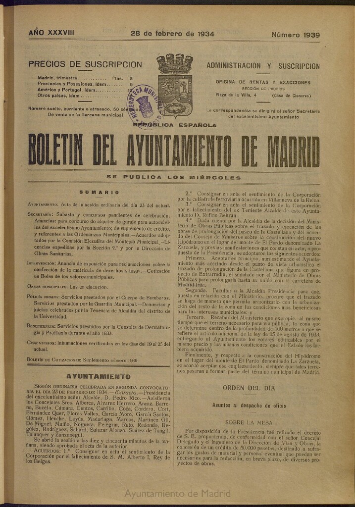Miniatura de Boletín Oficial del Ayuntamiento de Madrid del 28 de febrero de 1934, nº 1939