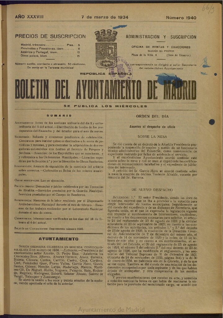 Miniatura de Boletín Oficial del Ayuntamiento de Madrid del 7 de marzo de 1934, nº 1940