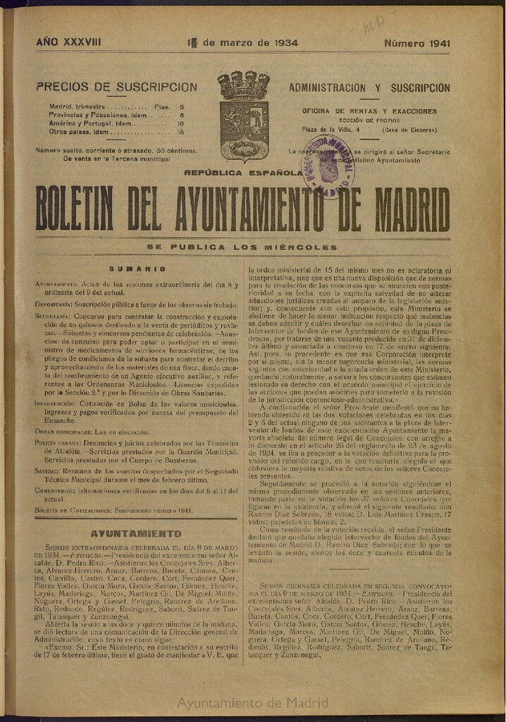 Miniatura de Boletín Oficial del Ayuntamiento de Madrid del 14 de marzo de 1934, nº 1941