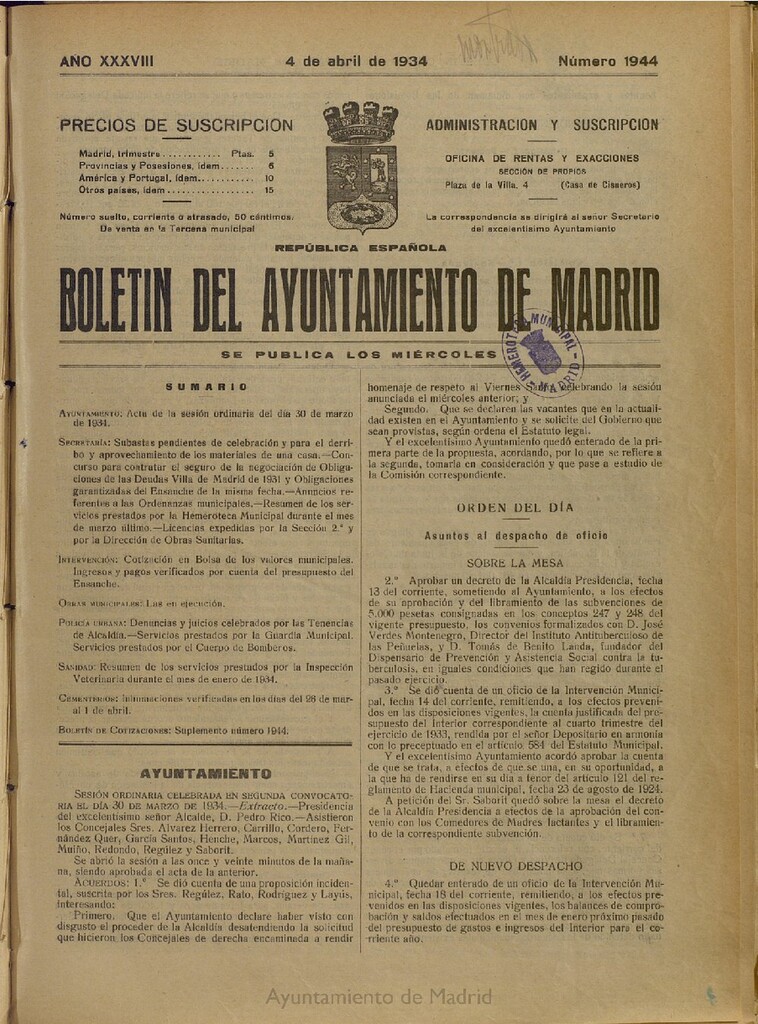Miniatura de Boletín Oficial del Ayuntamiento de Madrid del 4 de abril de 1934, nº 1944