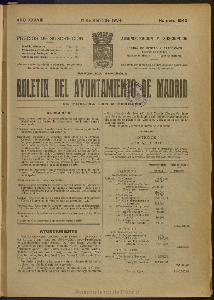 Miniatura de Boletín Oficial del Ayuntamiento de Madrid del 11 de abril de 1934, nº 1945