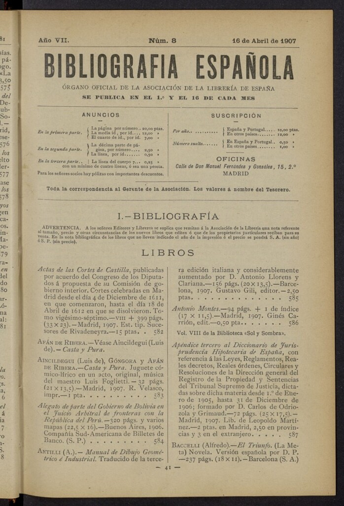 Miniatura de Bibliografía Española del 16 de abril de 1907