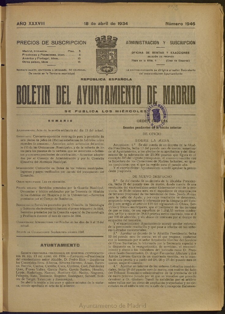 Miniatura de Boletín Oficial del Ayuntamiento de Madrid del 18 de abril de 1934, nº 1946