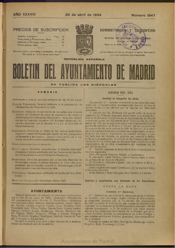 Miniatura de Boletín Oficial del Ayuntamiento de Madrid del 25 de abril de 1934, nº 1947
