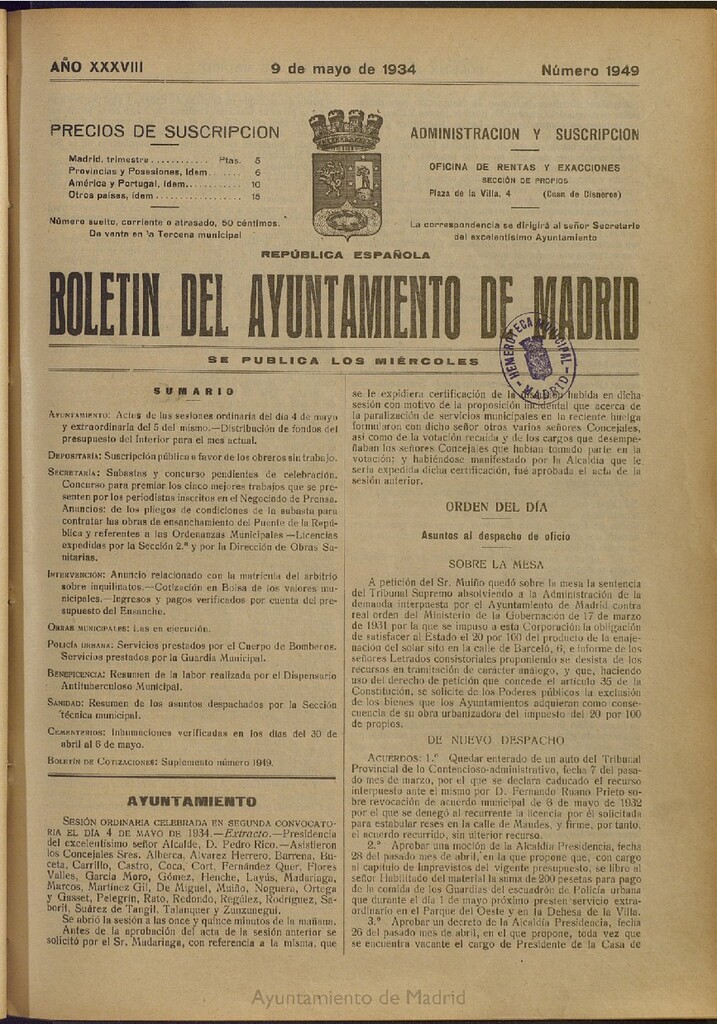 Miniatura de Boletín Oficial del Ayuntamiento de Madrid del 9 de mayo de 1934, nº 1949