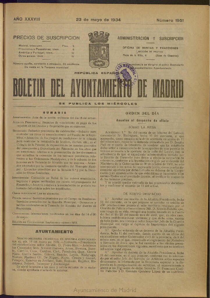Miniatura de Boletín Oficial del Ayuntamiento de Madrid del 23 de mayo de 1934, nº 1951