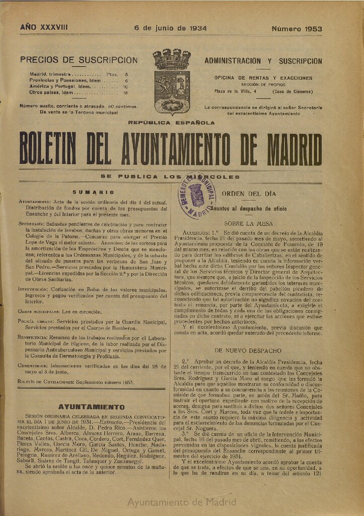 Miniatura de Boletín Oficial del Ayuntamiento de Madrid del 6 de junio de 1934, nº 1953