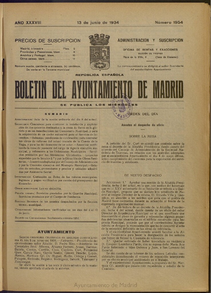 Miniatura de Boletín Oficial del Ayuntamiento de Madrid del 13 de junio de 1934, nº 1954
