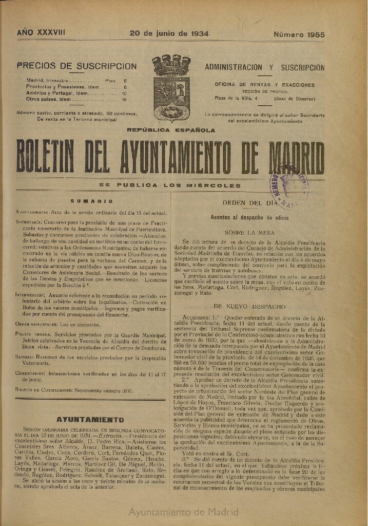 Miniatura de Boletín Oficial del Ayuntamiento de Madrid del 20 de junio de 1934, nº 1955