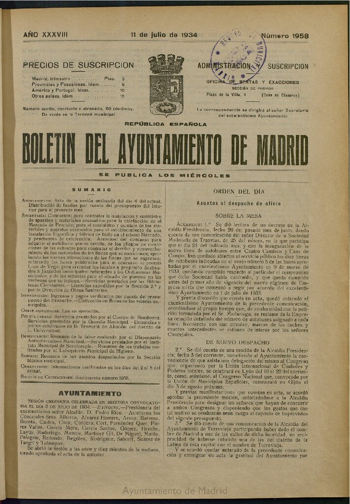 Miniatura de Boletín Oficial del Ayuntamiento de Madrid del 11 de julio de 1934, nº 1958