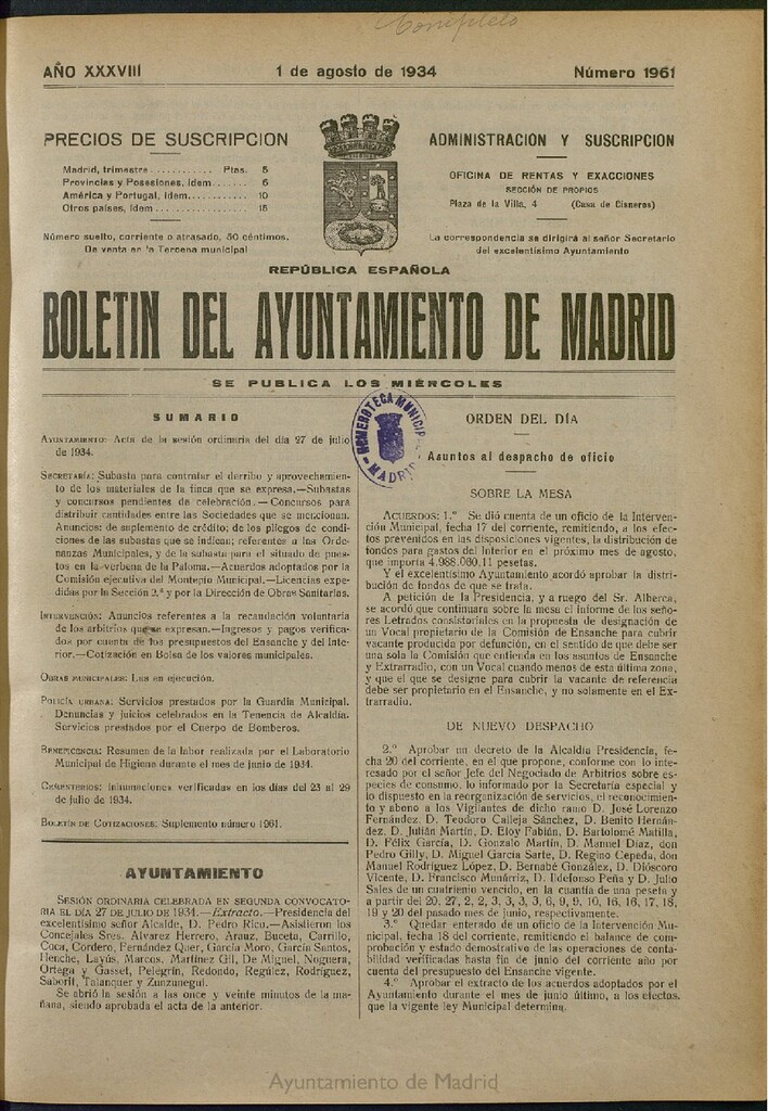 Miniatura de Boletín Oficial del Ayuntamiento de Madrid del 1 de agosto de 1934, nº 1961