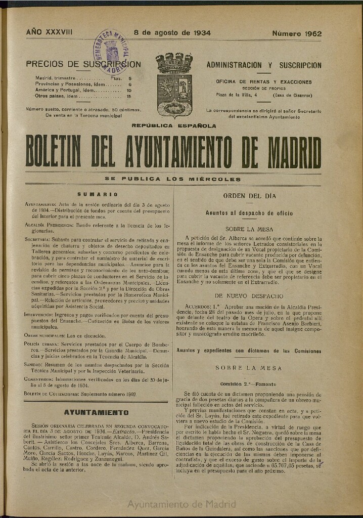 Miniatura de Boletín Oficial del Ayuntamiento de Madrid del 8 de agosto de 1934, nº 1962