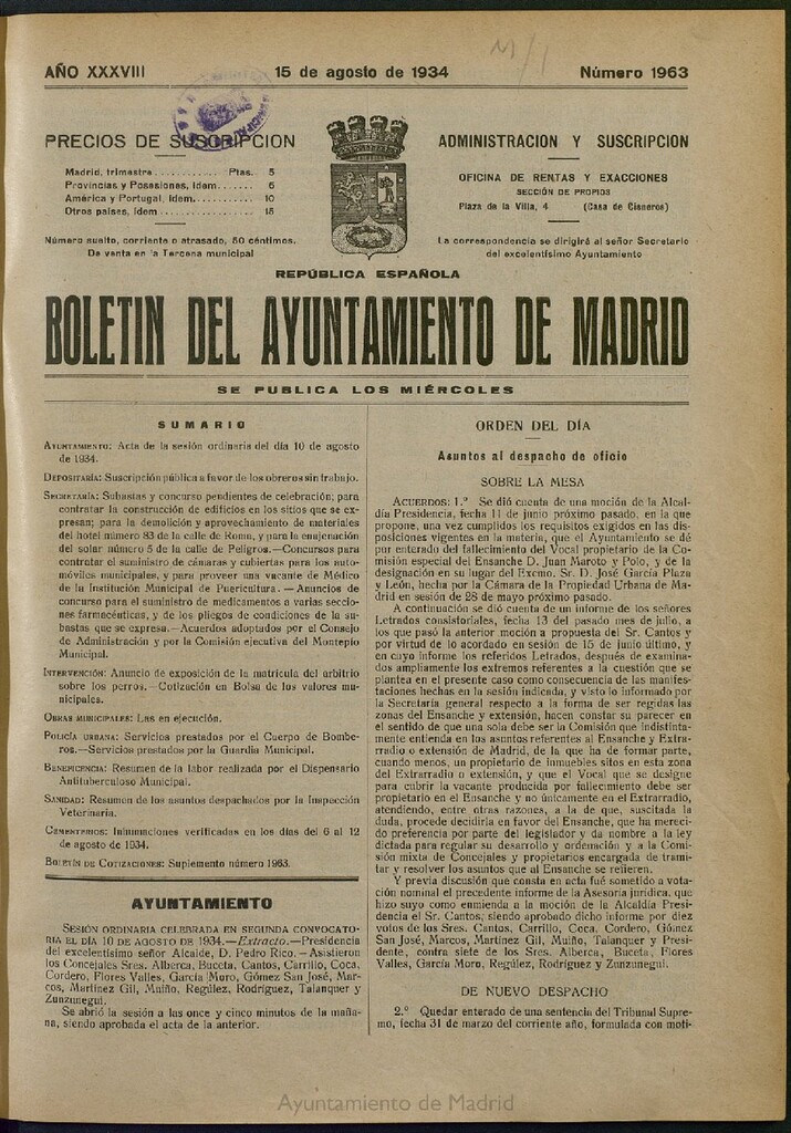 Miniatura de Boletín Oficial del Ayuntamiento de Madrid del 15 de agosto de 1934, nº 1963