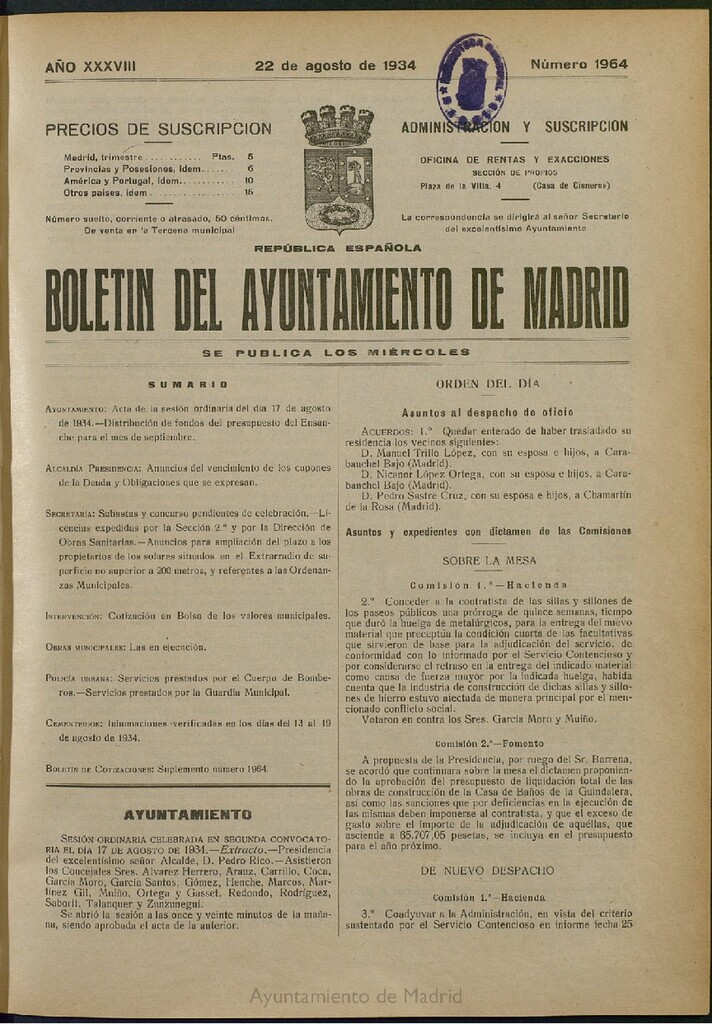 Miniatura de Boletín Oficial del Ayuntamiento de Madrid del 22 de agosto de 1934, nº 1964