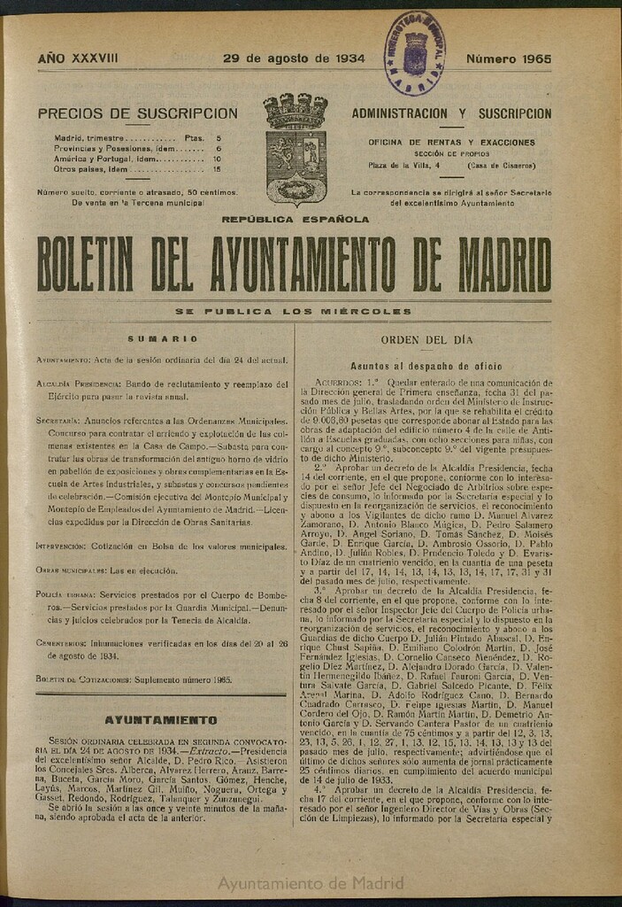 Miniatura de Boletín Oficial del Ayuntamiento de Madrid del 29 de agosto de 1934, nº 1965