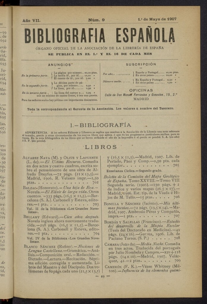 Miniatura de Bibliografía Española del 1 de mayo de 1907