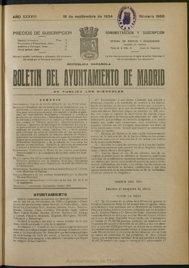 Miniatura de Boletín Oficial del Ayuntamiento de Madrid del 19 de septiembre de 1934, nº 1968