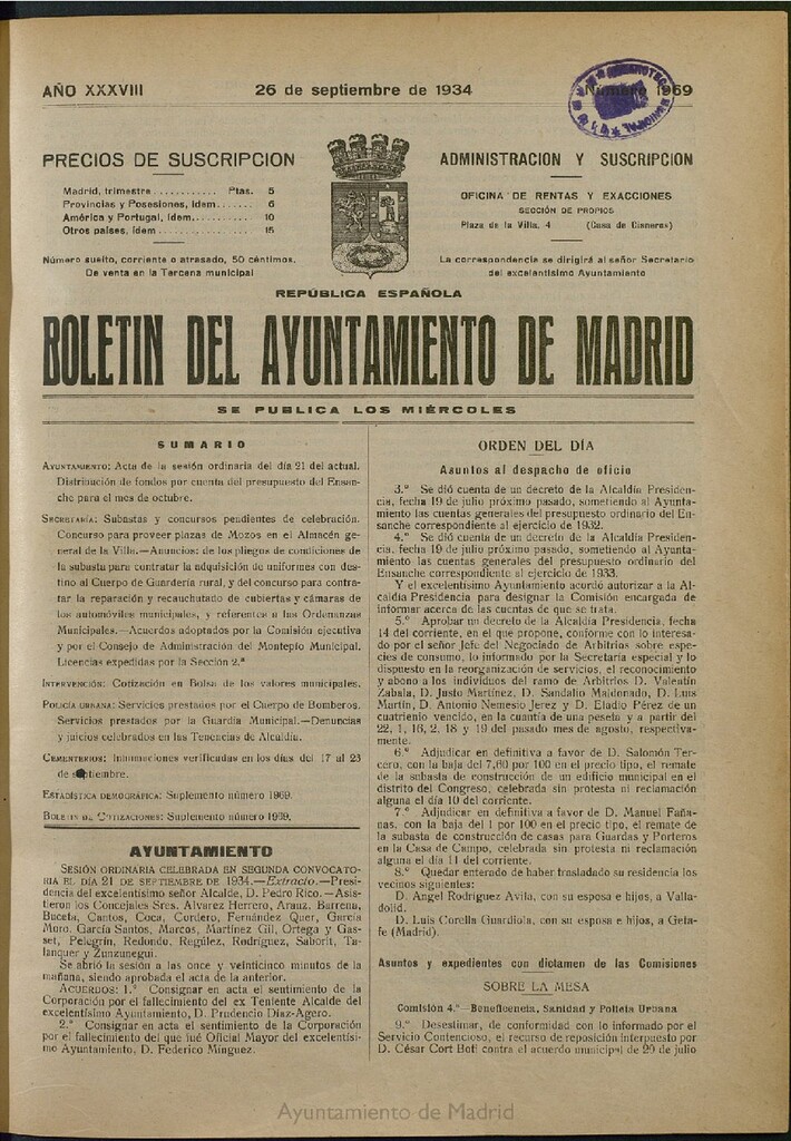 Miniatura de Boletín Oficial del Ayuntamiento de Madrid del 26 de septiembre de 1934, nº 1969