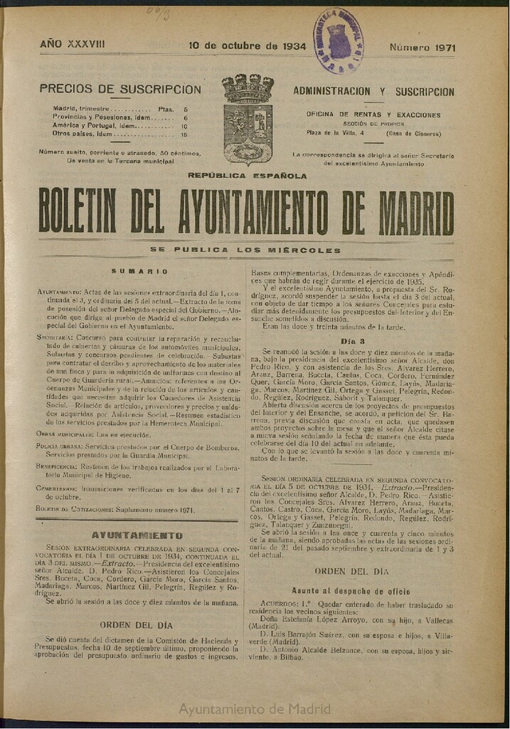 Miniatura de Boletín Oficial del Ayuntamiento de Madrid del 10 de octubre de 1934, nº 1971
