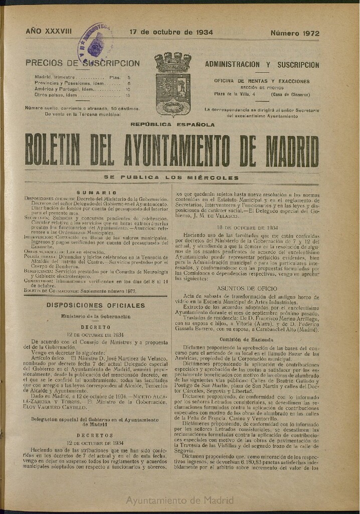 Miniatura de Boletín Oficial del Ayuntamiento de Madrid del 17 de octubre de 1934, nº 1972