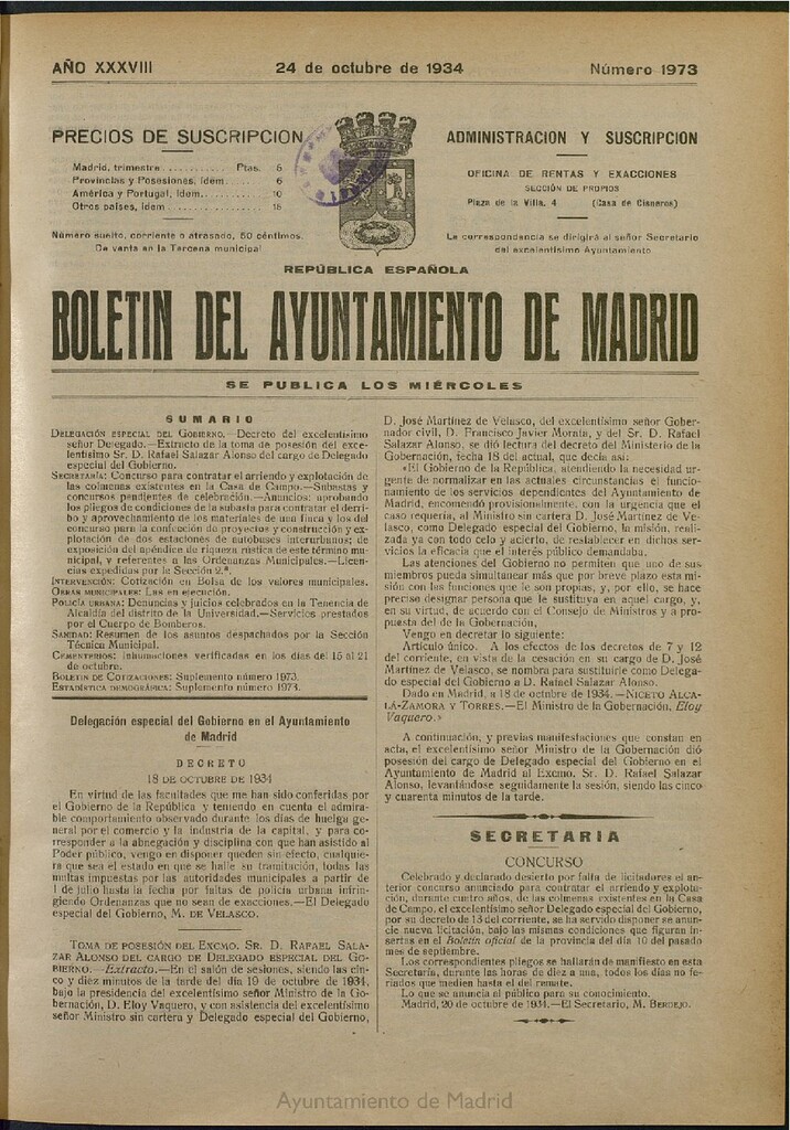 Miniatura de Boletín Oficial del Ayuntamiento de Madrid del 24 de octubre de 1934, nº 1973