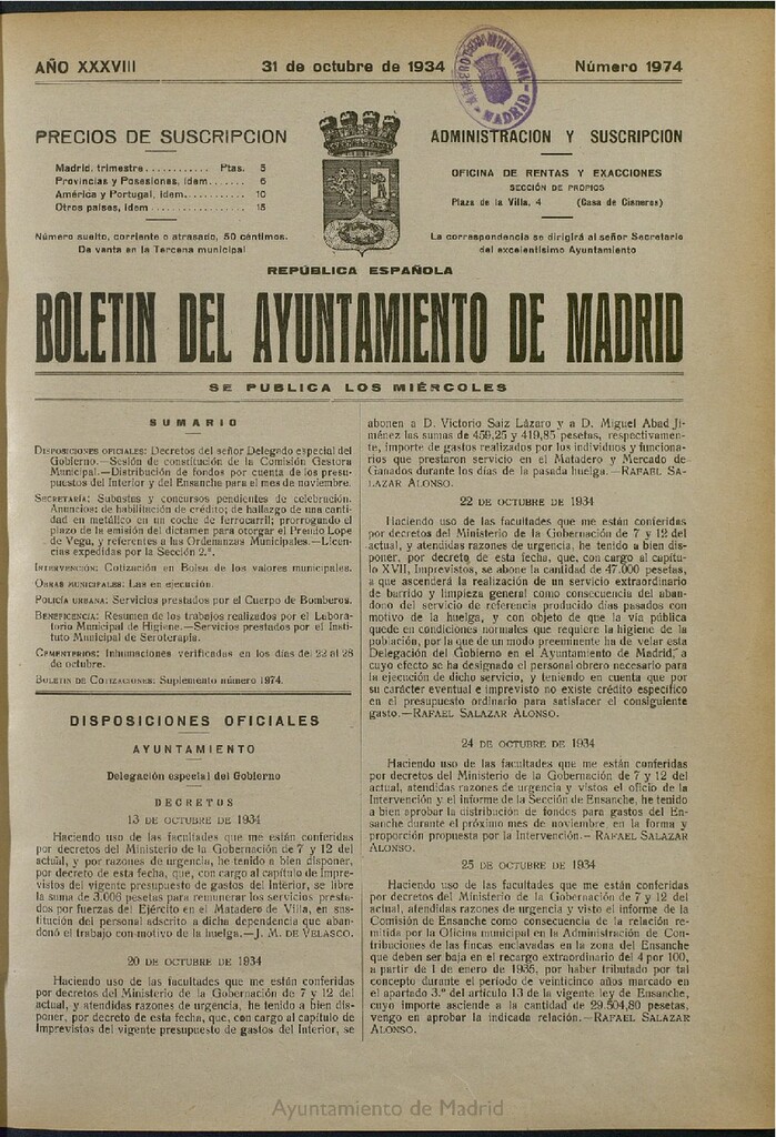 Miniatura de Boletín Oficial del Ayuntamiento de Madrid del 31 de octubre de 1934, nº 1974