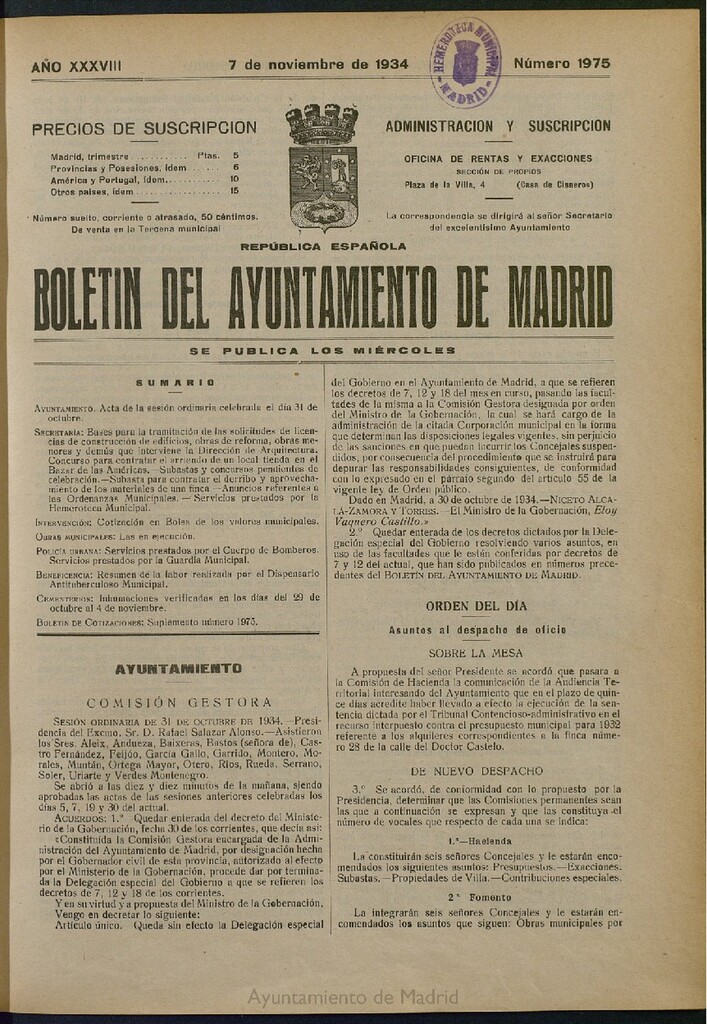 Miniatura de Boletín Oficial del Ayuntamiento de Madrid del 7 de noviembre de 1934, nº 1975