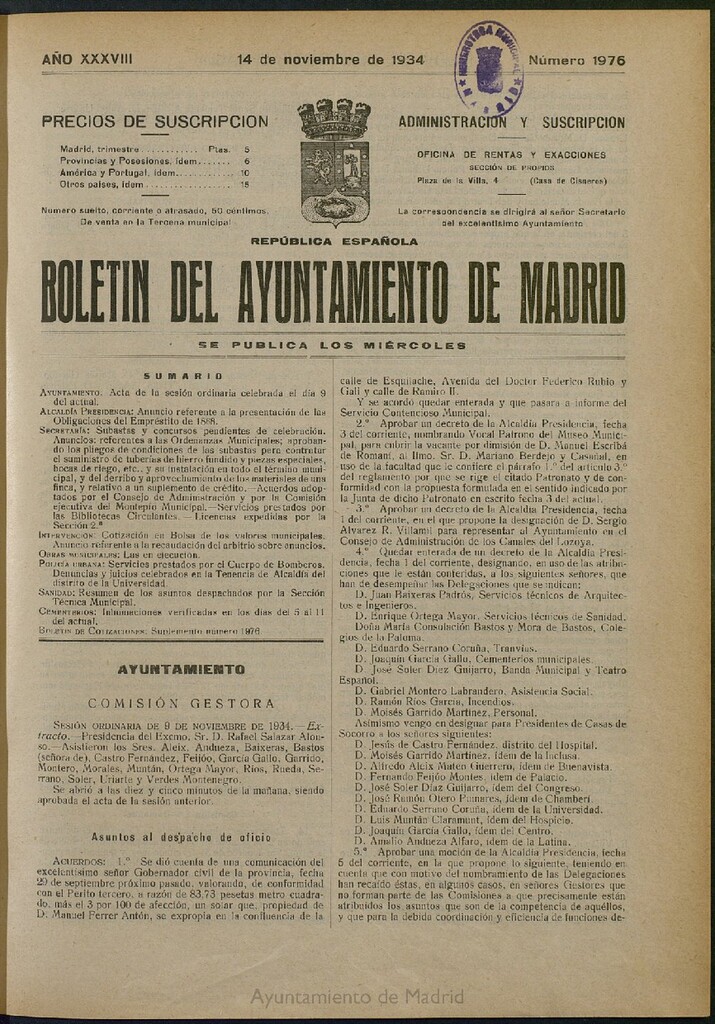 Miniatura de Boletín Oficial del Ayuntamiento de Madrid del 14 de noviembre de 1934, nº 1976
