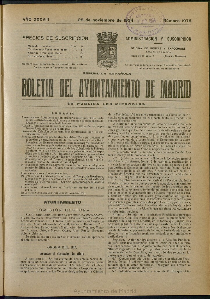 Miniatura de Boletín Oficial del Ayuntamiento de Madrid del 28 de noviembre de 1934, nº 1978