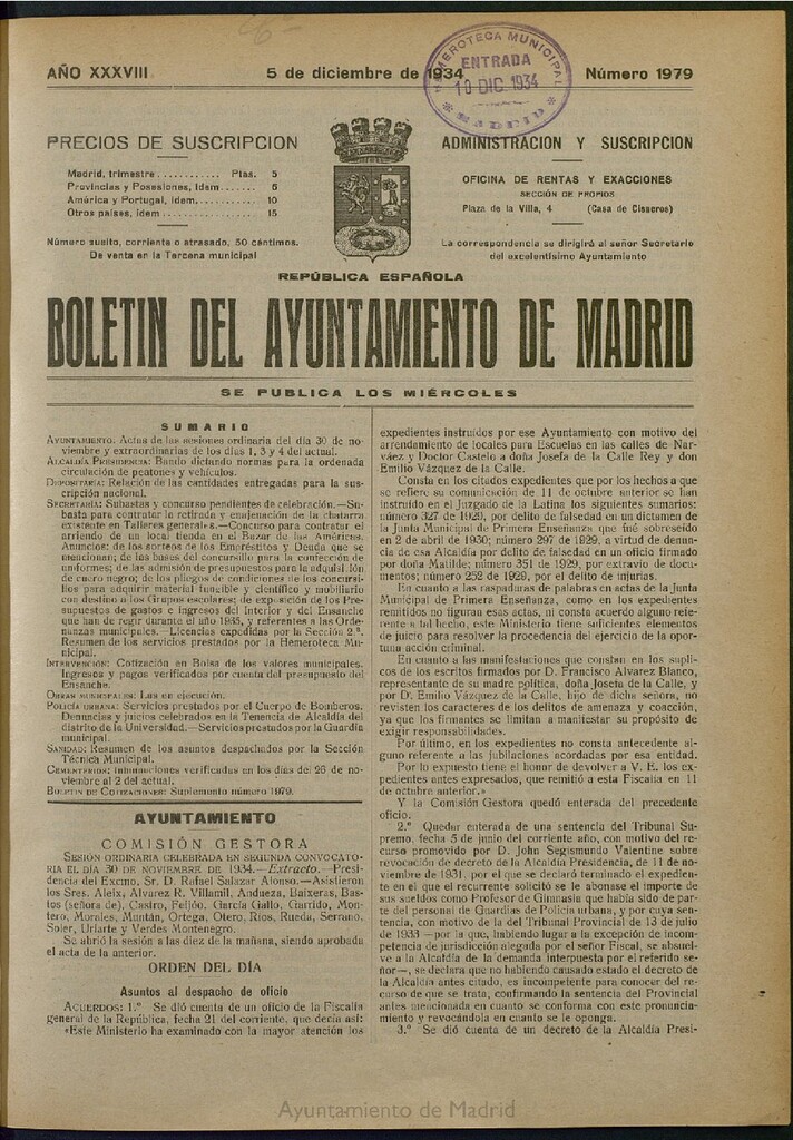 Miniatura de Boletín Oficial del Ayuntamiento de Madrid del 5 de diciembre de 1934, nº 1979