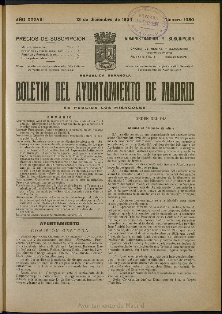 Miniatura de Boletín Oficial del Ayuntamiento de Madrid del 12 de diciembre de 1934, nº 1980