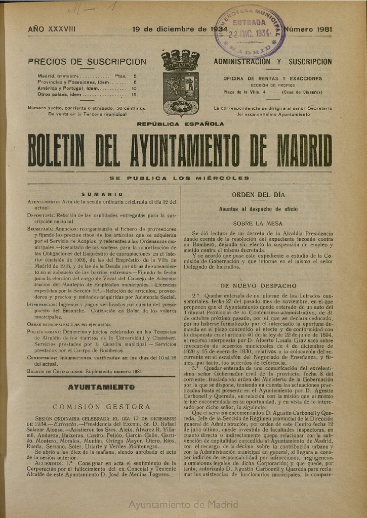 Miniatura de Boletín Oficial del Ayuntamiento de Madrid del 19 de diciembre de 1934, nº 1981