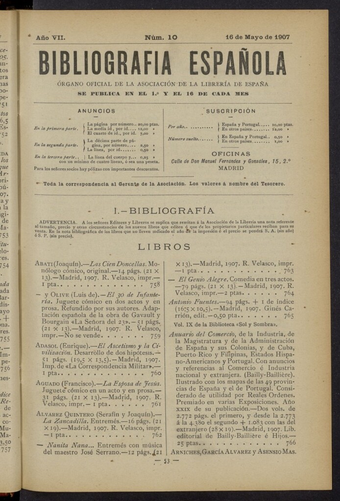 Miniatura de Bibliografía Española del 16 de mayo de 1907
