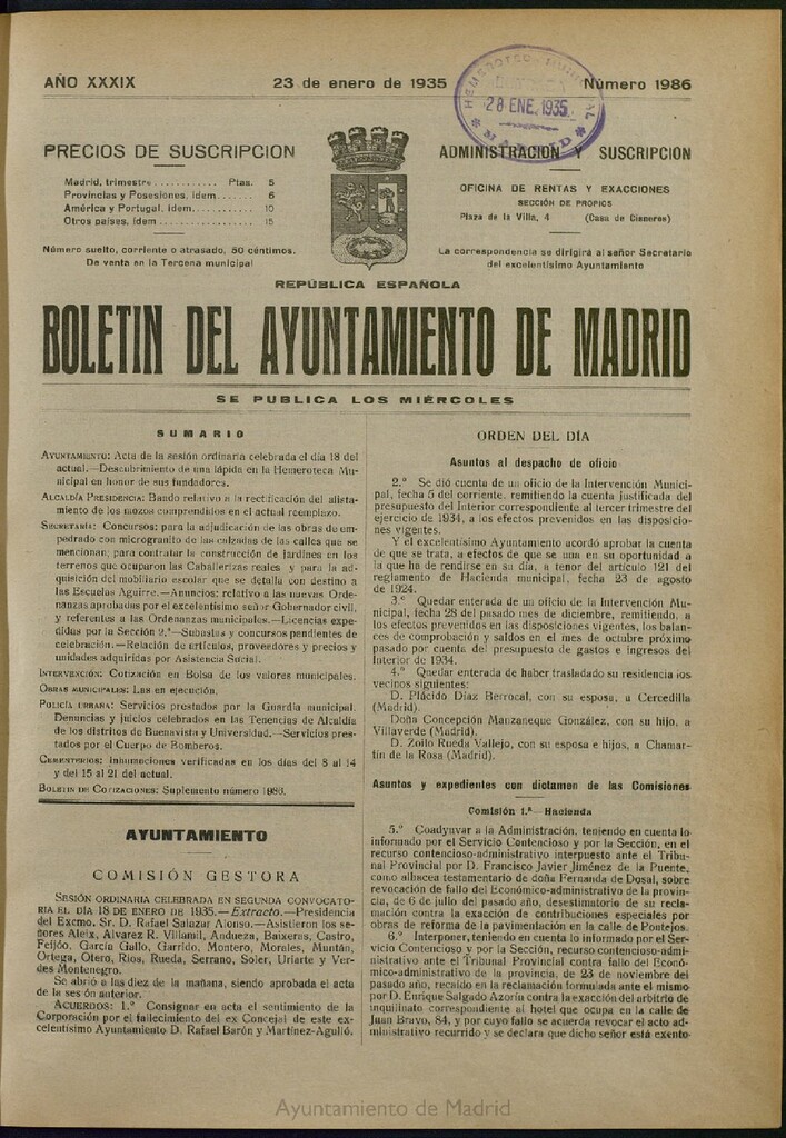Miniatura de Boletín Oficial del Ayuntamiento de Madrid del 23 de enero de 1935, nº 1986