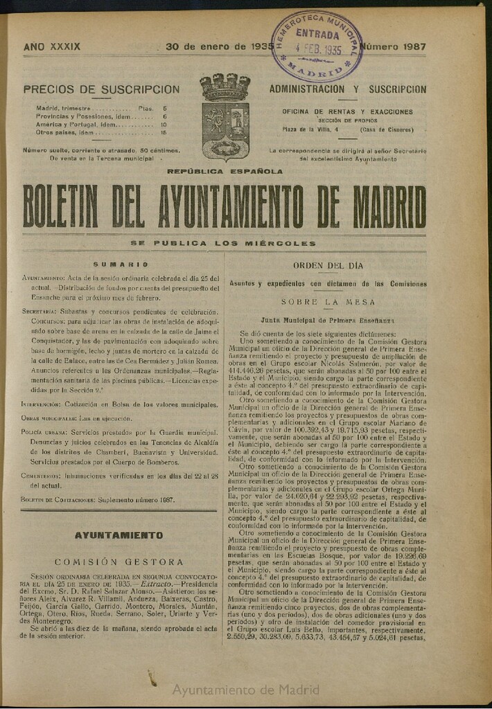 Miniatura de Boletín Oficial del Ayuntamiento de Madrid del 30 de enero de 1935, nº 1987