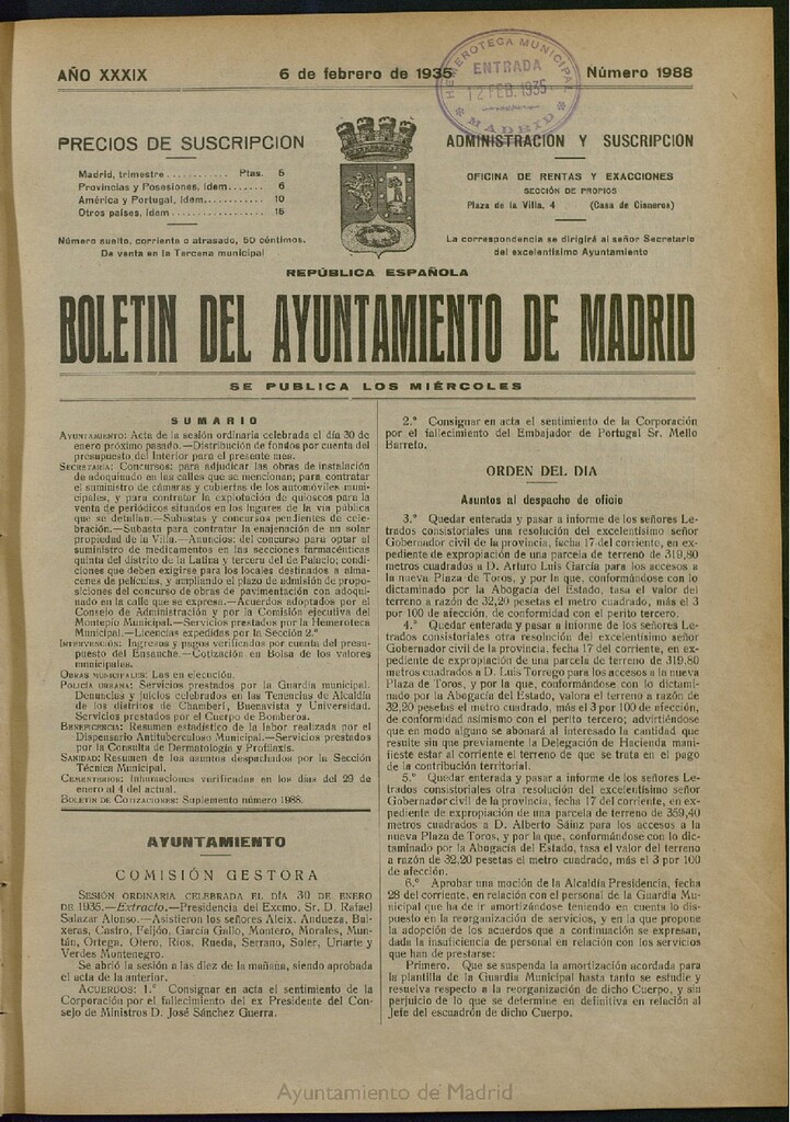 Miniatura de Boletín Oficial del Ayuntamiento de Madrid del 6 de febrero de 1935, nº 1988