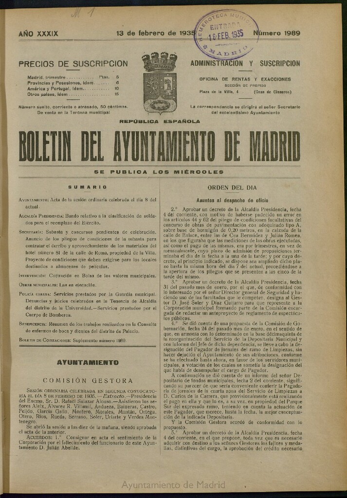 Miniatura de Boletín Oficial del Ayuntamiento de Madrid del 13 de febrero de 1935, nº 1989