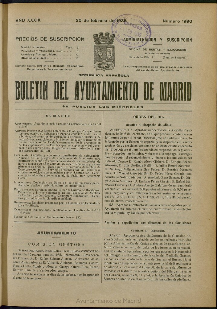 Miniatura de Boletín Oficial del Ayuntamiento de Madrid del 20 de febrero de 1935, nº 1990