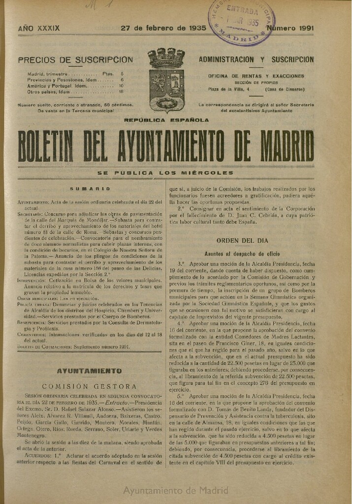 Miniatura de Boletín Oficial del Ayuntamiento de Madrid del 27 de febrero de 1935, nº 1991