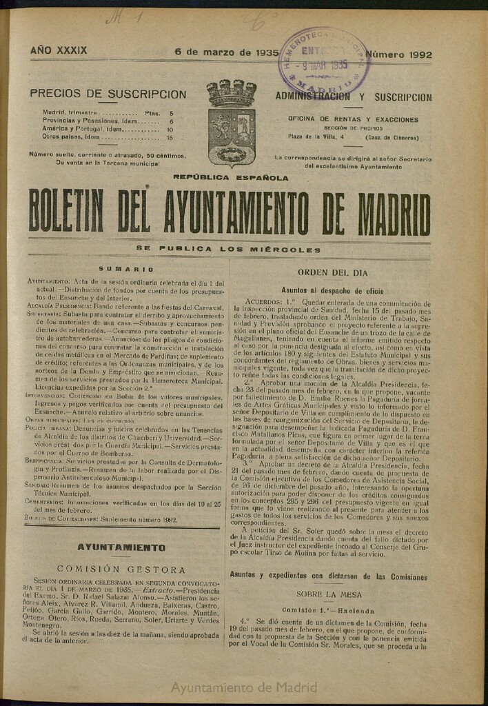 Miniatura de Boletín Oficial del Ayuntamiento de Madrid del 6 de marzo de 1935, nº 1992