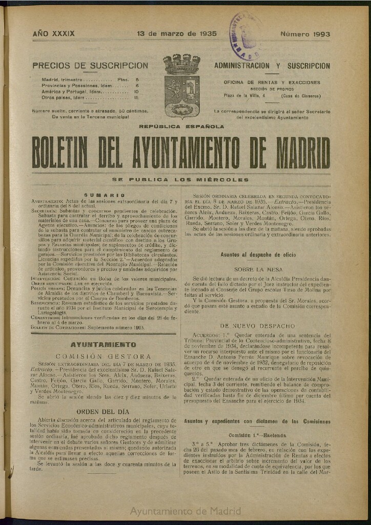 Miniatura de Boletín Oficial del Ayuntamiento de Madrid del 13 de marzo de 1935, nº 1993