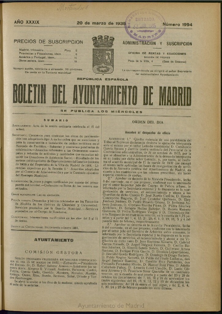 Miniatura de Boletín Oficial del Ayuntamiento de Madrid del 20 de marzo de 1935, nº 1994