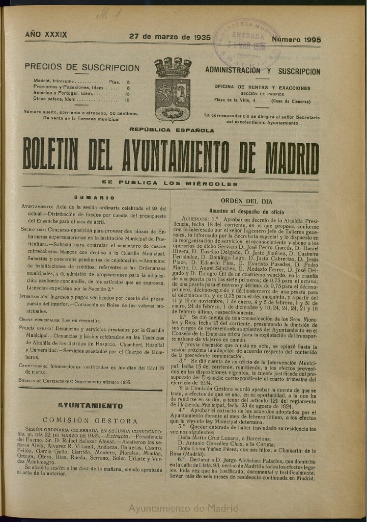 Miniatura de Boletín Oficial del Ayuntamiento de Madrid del 27 de marzo de 1935, nº 1995
