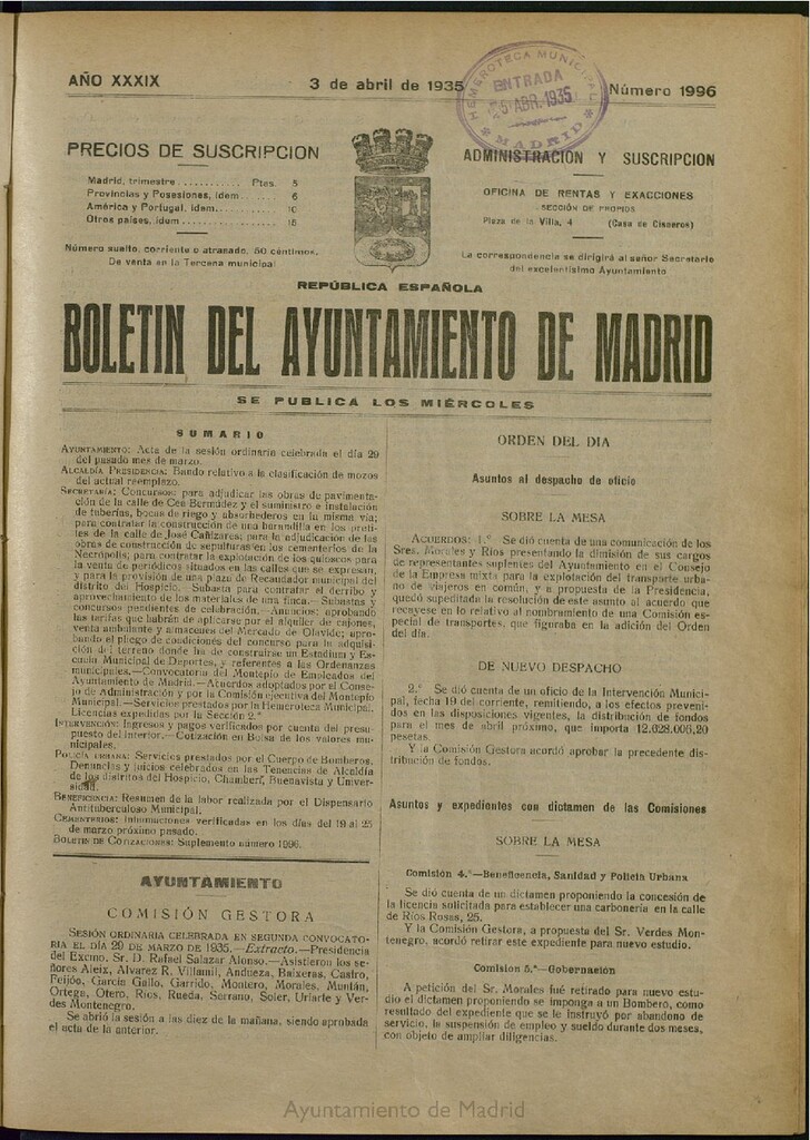 Miniatura de Boletín Oficial del Ayuntamiento de Madrid del 3 de abril de 1935, nº 1996