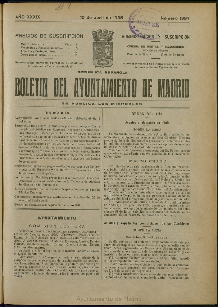 Miniatura de Boletín Oficial del Ayuntamiento de Madrid del 10 de abril de 1935, nº 1997