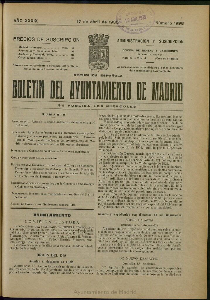 Miniatura de Boletín Oficial del Ayuntamiento de Madrid del 17 de abril de 1935, nº 1998