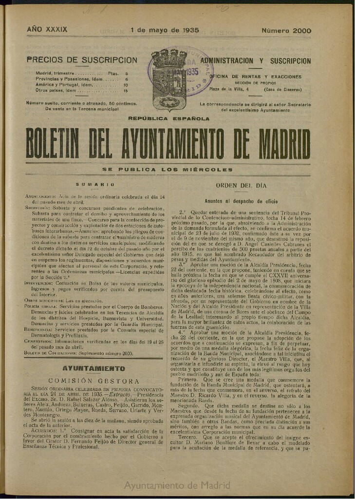 Miniatura de Boletín Oficial del Ayuntamiento de Madrid del 1 de mayo de 1935, nº 2000