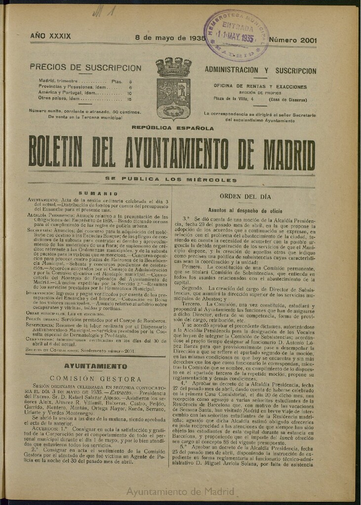 Miniatura de Boletín Oficial del Ayuntamiento de Madrid del 8 de mayo de 1935, nº 2001